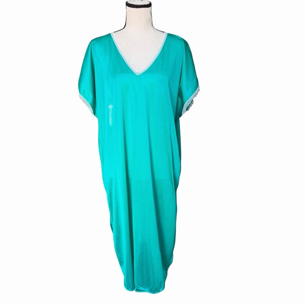 VTG 90s Anthony Richards Green Nylon House Dress Caftan Nightgown Lace Trim 1X